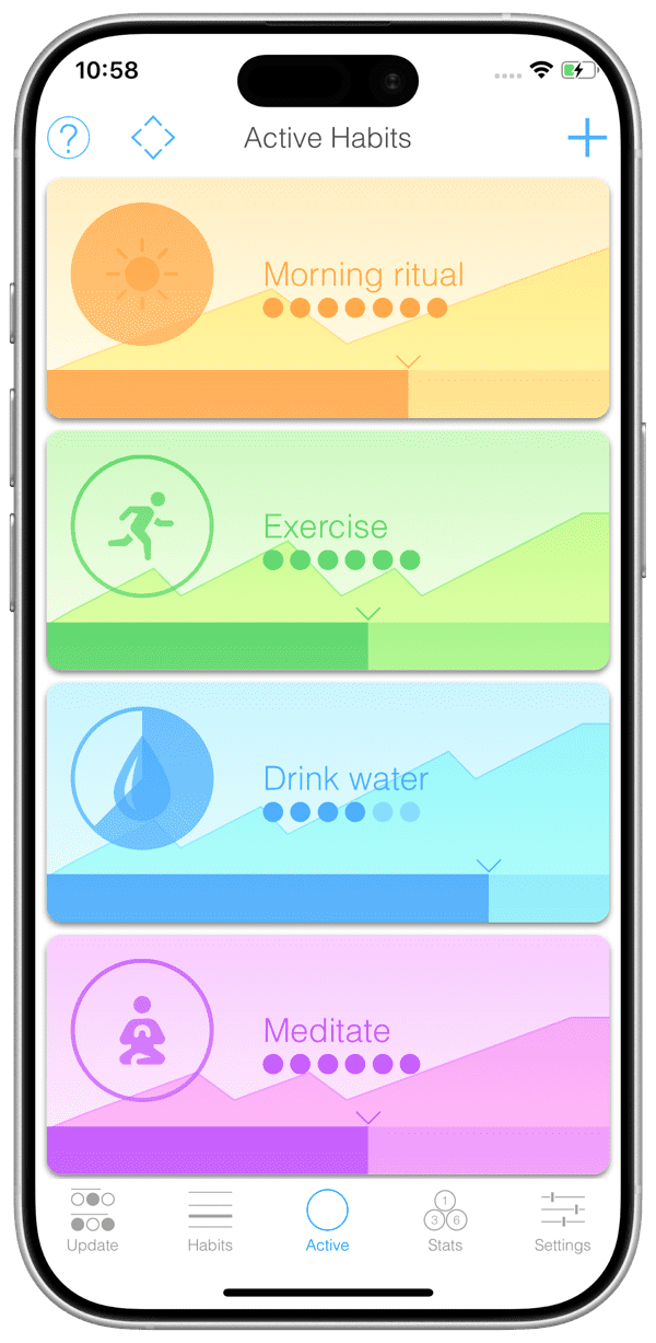 Better Habits iOS app active habits screen with a progress trend card for each habit