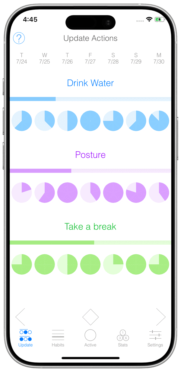 Better Habits iOS app weekly update view with daily completion charts for each habit