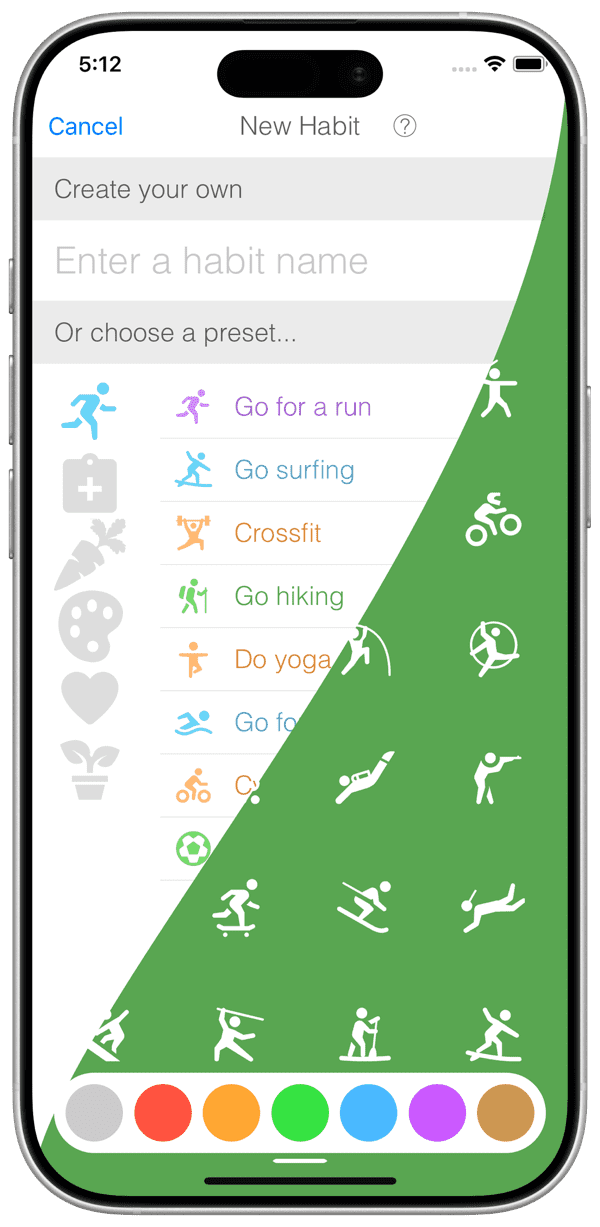 Better Habits iOS app new habit screen with a name field and preset habit suggestions
