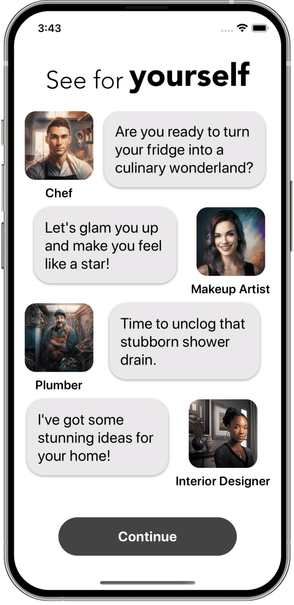 EpicBot AI iOS app onboarding screen previewing chat personas including a chef, makeup artist and plumber