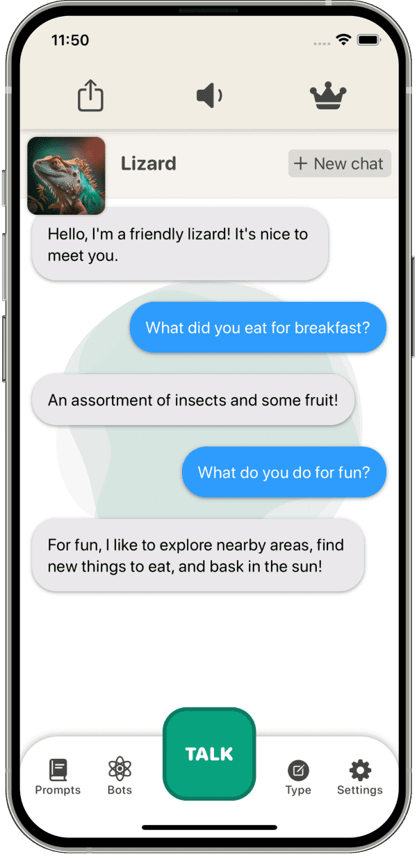 EpicBot AI iOS app chat screen with a character bot and a push to talk voice button