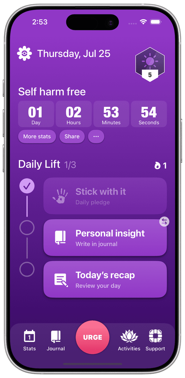 HarmLess iOS app home screen with the self harm free time counter and the daily lift task list