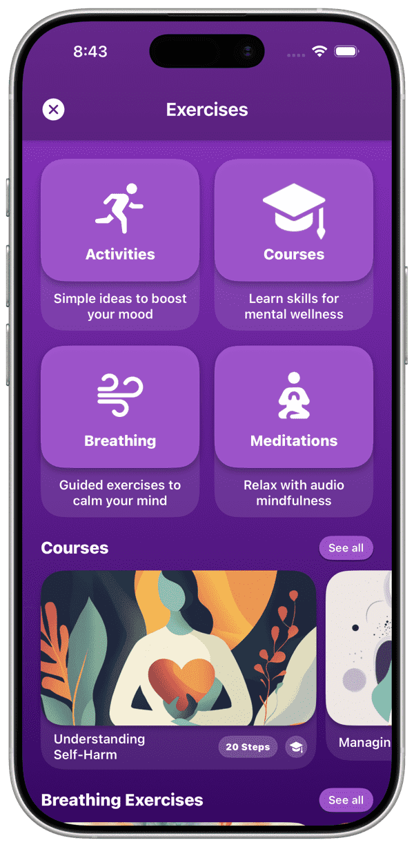 HarmLess iOS app exercises hub with activities, courses, breathing and meditation sections