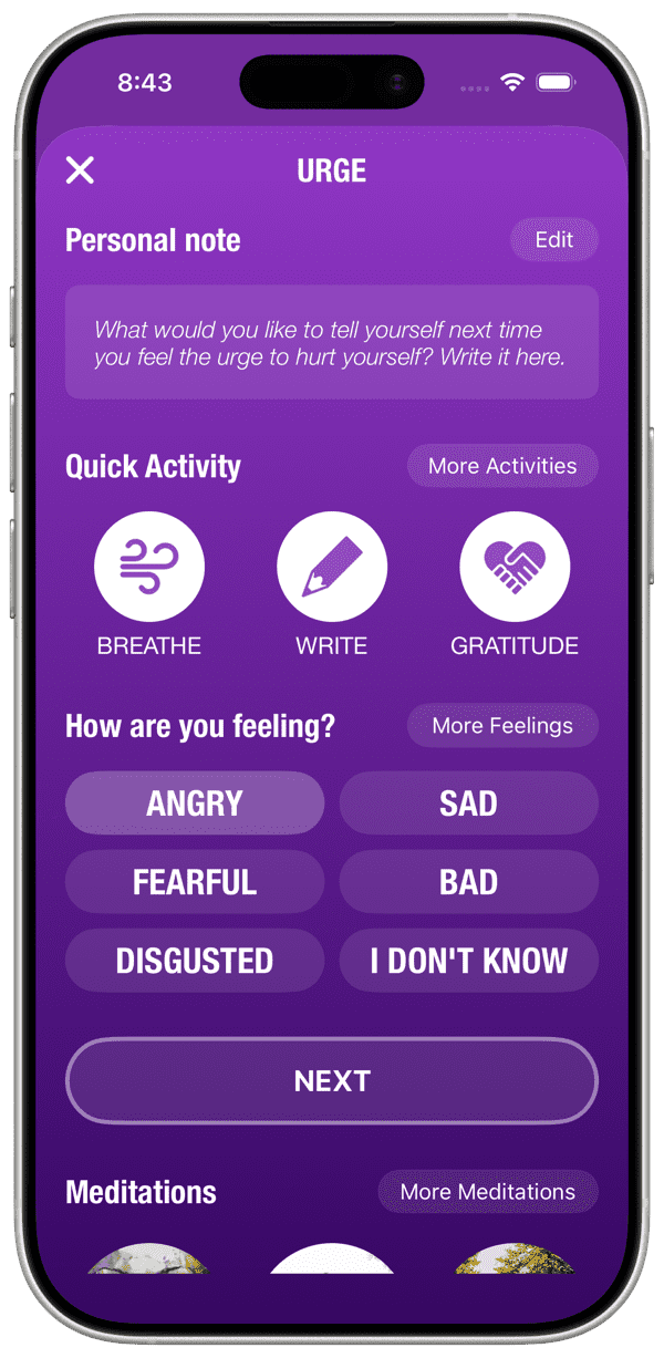 HarmLess iOS app urge support screen with a personal note, quick coping activities and a feelings picker