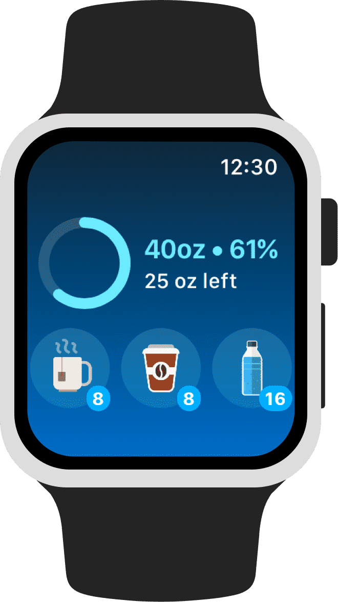 Hydro Coach Apple Watch app showing daily hydration progress and one tap drink shortcuts