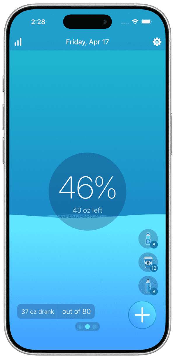 Hydro Coach iOS app home screen with the animated water level at 46 percent of the daily goal
