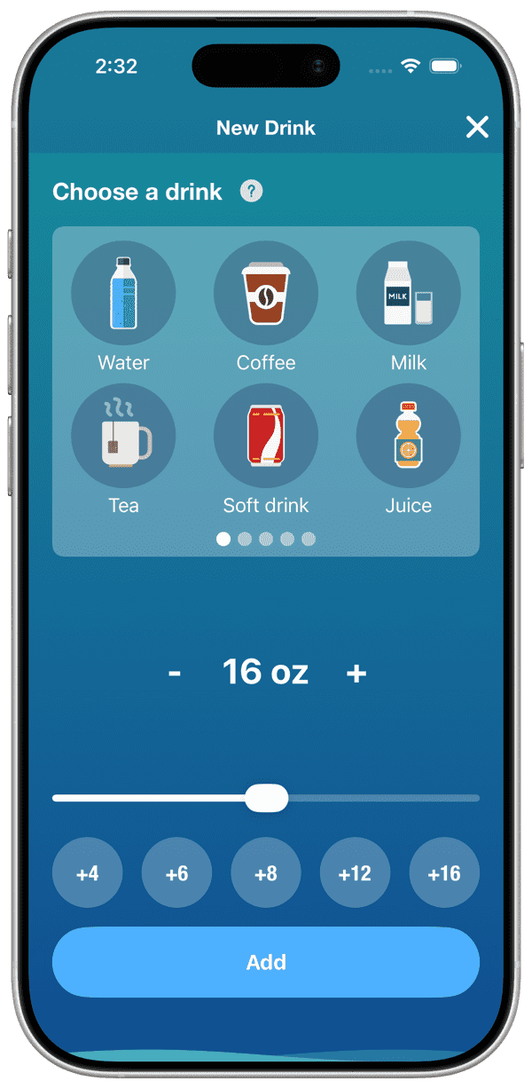 Hydro Coach iOS app new drink sheet for choosing a beverage type and logging the amount