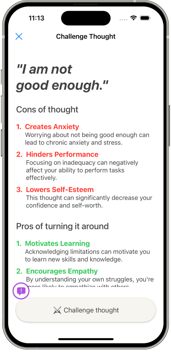 Mental Shift iOS app thought analysis listing the cons of a negative thought and the pros of reframing it