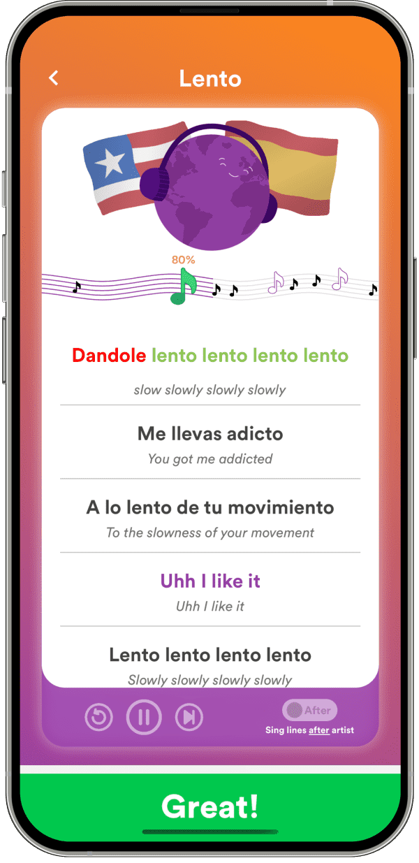 Univoice iOS app sing along screen with Spanish song lyrics and English translations synced to playback