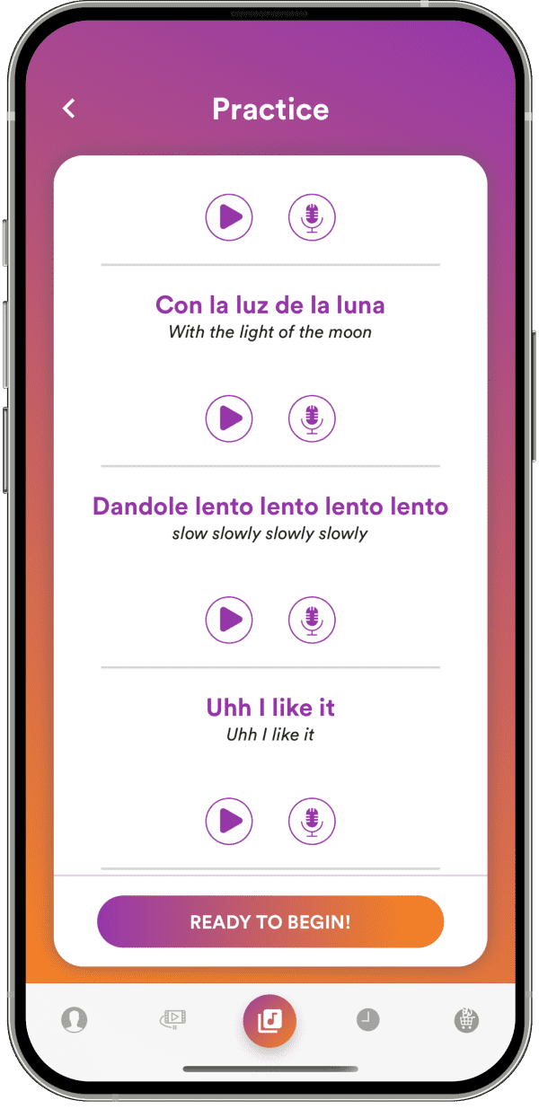Univoice iOS app practice screen with play and record controls on each line of lyrics