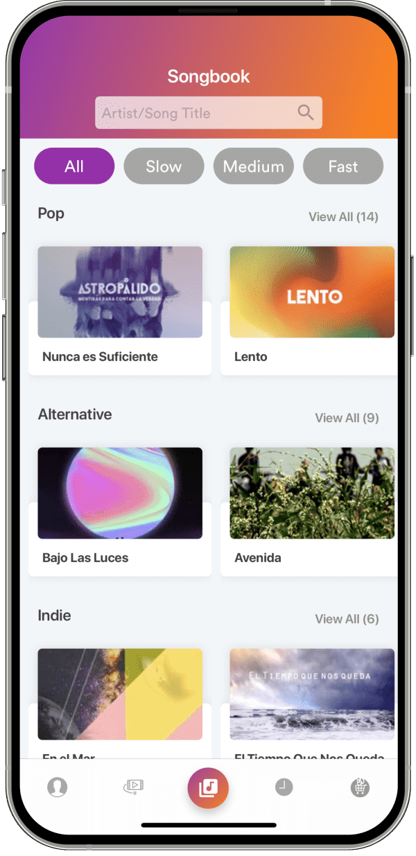 Univoice iOS app songbook browser with songs grouped by genre and filtered by tempo