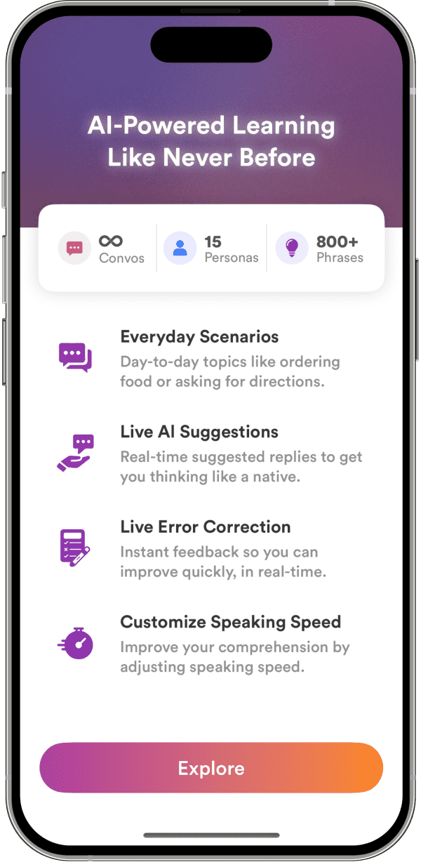 Univoice AI iOS app feature screen listing everyday scenarios, live AI suggestions and live error correction