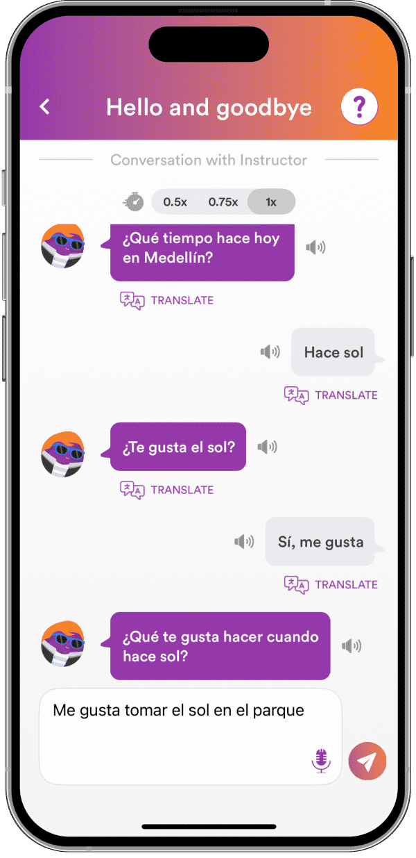 Univoice AI iOS app Spanish conversation with an AI tutor, with playback speed controls and per line translation