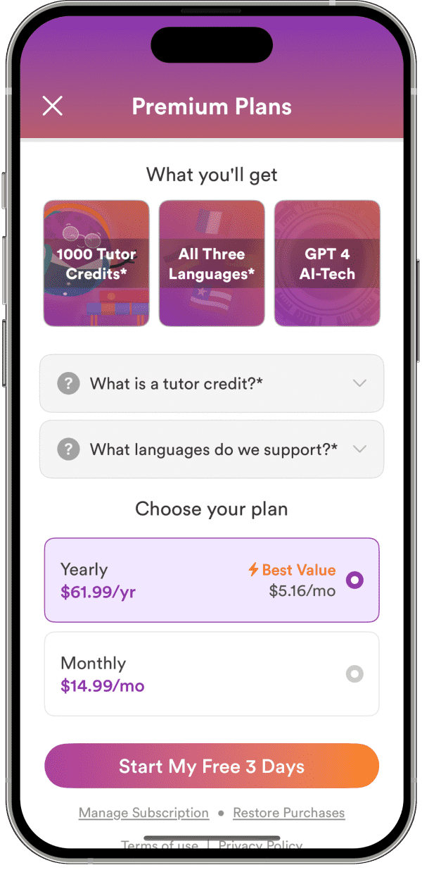 Univoice AI iOS app subscription screen with yearly and monthly premium plans